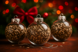 Three glass Christmas ornaments filled with seeds against a festive background with lights and a bow.