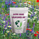 Bag of Earthwise Native Shade Wildflower Mix in front of a field of wildflowers