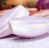 Close-up of a sliced purple shallot on a textured surface with 'Soul Therapy' branding.