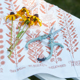 Blue floral scissors on a white card with pink floral patterns and plant names.
