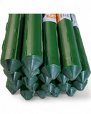 Bundled green plastic stakes with labels on a white background