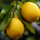 Two yellow lemons with water droplets on a green leafy branch.