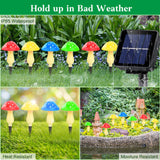 Colorful mushroom-shaped garden lights with solar panel in outdoor setting