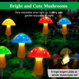 Colorful mushroom-shaped lights on a garden background with text describing their brightness and visibility.