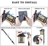 Step-by-step installation guide for a solar lamp with hands performing each action.