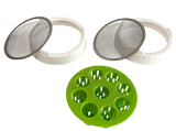 A kitchen accessory set featuring a green silicone mold with six circular cavities, two white plastic rings with metal mesh screens, and two matching mesh screens, all displayed on a clean white background.