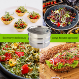 A collage showing a stainless steel sprout container in the center, surrounded by food photos including sprout-topped salads, small appetizers, and a sprout-topped sandwich. Text banners read 'So many delicious' and 'ways to use sprouts!'.