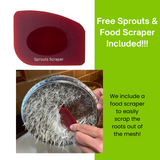 A promotional collage for a red sprouts scraper tool. The top left shows the red scraper alone on a white background with the text 'Sprouts Scraper.