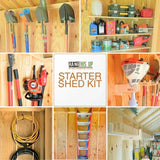 Collage of a shed interior with tools and equipment, featuring 'Hang This Up Starter Shed Kit' text.