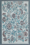 Floral patterned rug with blue and brown flowers on a light background