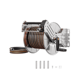 Metallic reel with coiled hose and tools on a white background