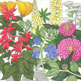 Colorful illustration of various flowers and leaves on a white background