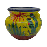 Colorful ceramic pot with cactus design on a white background