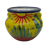 Colorful ceramic pot with sun and cactus design on a white background