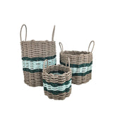 Three woven baskets with striped patterns on a white background