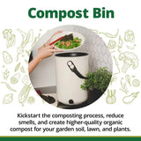 Compost bin with a person holding a bowl of salad, surrounded by compostable food waste icons.