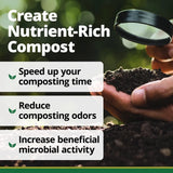 Person holding compost with a magnifying glass, text about creating nutrient-rich compost.