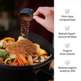 Person adding compost to a bin with environmental benefits listed on the right.