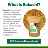 Bokashi bran package with text explaining Bokashi and its benefits on a white background.