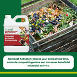 Compost activator concentrate bottle with compost pile and text about benefits