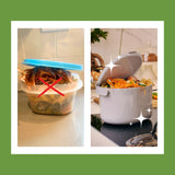 Two images showing a kitchen compost bin with food waste and a white compost bin on a stove.