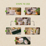 Step-by-step guide on using a kitchen product with images and text on a beige background.