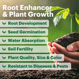 Hand holding soil with a plant, promoting root enhancer and plant growth benefits.