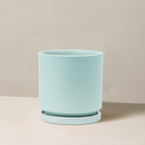 Light blue ceramic planter on a beige background