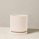 Speckled beige ceramic planter with saucer on a neutral background