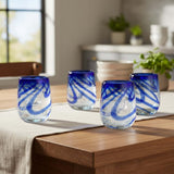 Mexican Stemless Wine Glass | Hand-Blown Blue Swirl