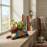 Talavera Cat Planter | Colorful Handmade Stretching Animal Pot