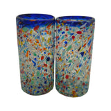 Blue Rim Confetti Pebbled Glass | Hand-Blown Mexican Tumbler