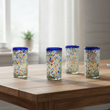 Blue Rim Confetti Pebbled Glass | Hand-Blown Mexican Tumbler