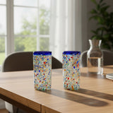 Blue Rim Confetti Pebbled Glass | Hand-Blown Mexican Tumbler