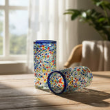 Blue Rim Confetti Pebbled Glass | Hand-Blown Mexican Tumbler