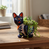 Handmade Cat Planter | Hand Painted Cat Talavera Artwork (Medium Size)