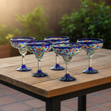 Mexican Hand-Blown Margarita Glass | Blue Confetti Rock Design