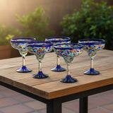 Mexican Hand-Blown Margarita Glass | Blue Confetti Rock Design