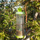 Reusable W-H-Y Trap with Attractant hanging from a tree branch with green leaves in the background