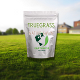 Bag of TrueGrass Native Lawn seed on a grassy field