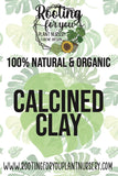 Advertisement for calcined clay from Rooting for You Plant Nursery with leaf patterns.