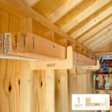 Wooden storage shelves inside a wooden shed with boxes and tools.