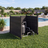 Pool pump and filter system in a black enclosure by a pool with garden in the background