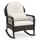 Black wicker rocking chair with cream-colored cushions, including a large back cushion, a seat cushion, and a matching throw pillow, shown on a white background.