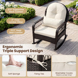 A dark brown wicker rocking chair with cream-colored cushions, shown on a patio with promotional text highlighting its ergonomic triple support design, thick lumbar pillow, supportive back cushion, and washable covers.