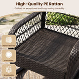 Dark brown woven PE rattan outdoor chair shown in a close-up product graphic with text reading 'High-Quality PE Rattan' and feature callouts for hand-woven, sun-proof, and breathable construction.