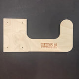 Wooden U-shaped tool holder with 'Hang This Up' branding on a dark background