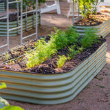 Corrugated metal garden bed with plants in an outdoor setting