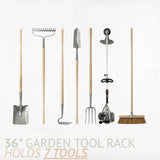 Set of gardening tools on a white background with text about a 36-inch garden tool rack. Wall-Mounted Garden Tool Rack - Garage