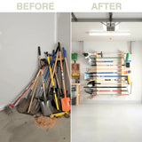 Before and after comparison of garden tools organized on a wall rack.